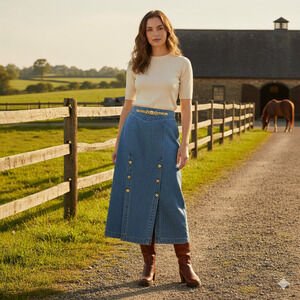 Vintage 80s 90s City Girl Sport Denim Skirt Women’s 14 High Waist Midi Blue Gold